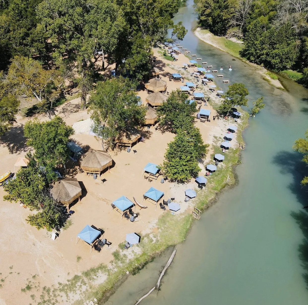 Aerial view of 150-acre riverside glamping property on the San Marcos River near Austin and San Antonio