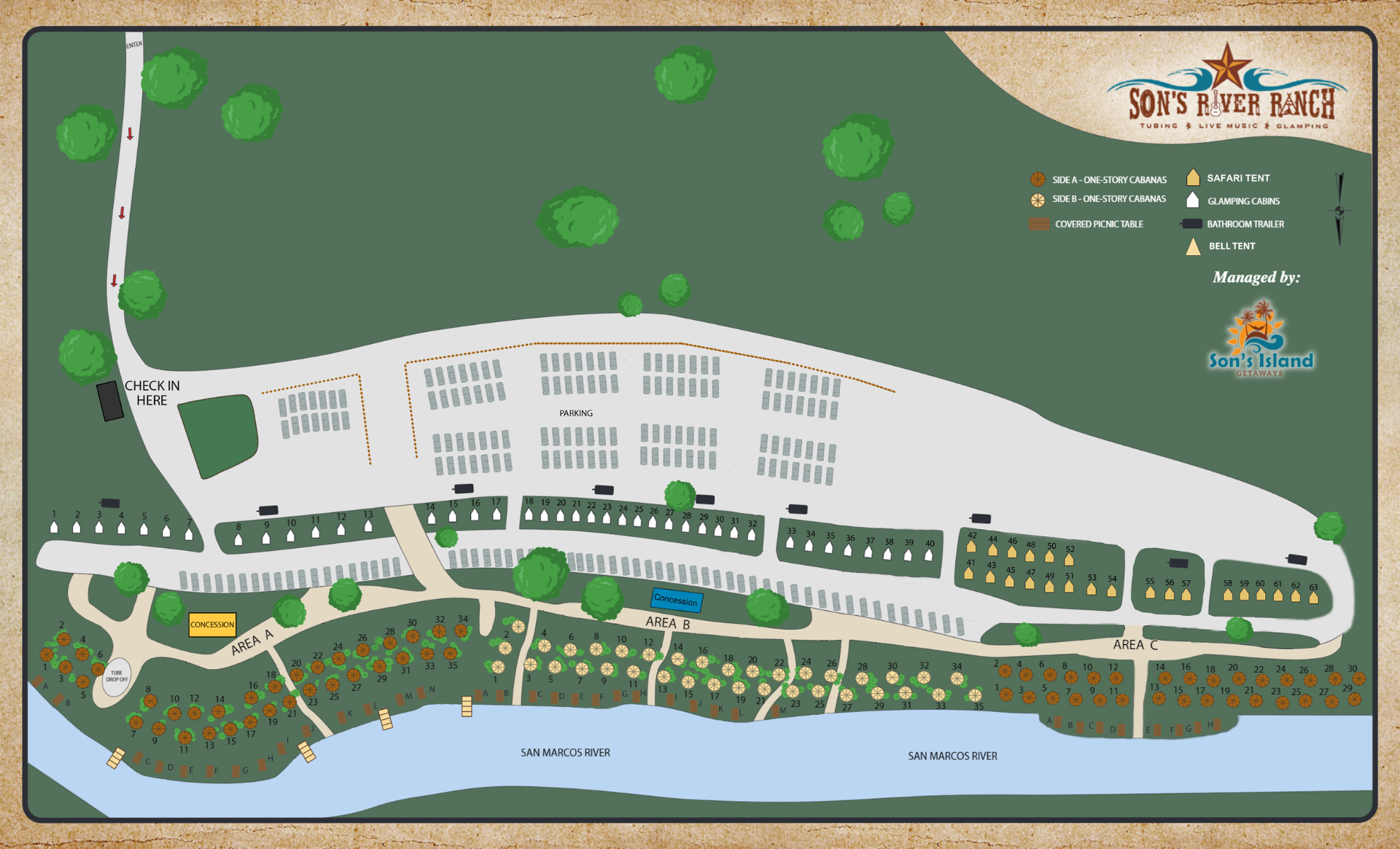 Son's River Ranch Property Map showing cabins, cabanas, river access, and amenities