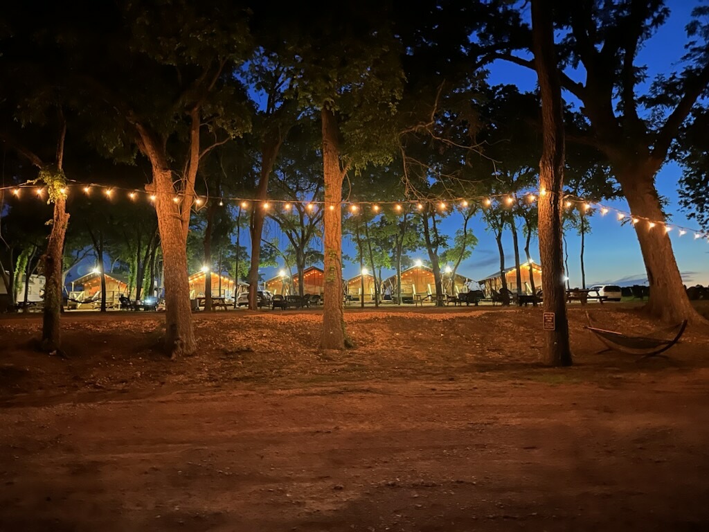 Safari Cabins at night with lights